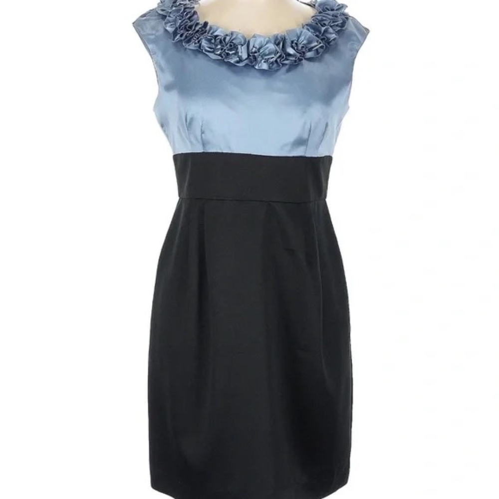 London Times Blue Black Sheath Dress 16W Ruffle Neck Cocktail Dress